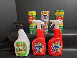 lot 267 image: Cleaning Supplies Sun Pine Bleach Cleaner, Zout Stain Remover Spray, Comet Powder, Bar Keepers Friend