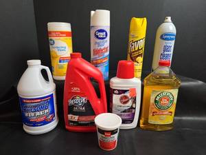 lot 268 image: Cleaning Supplies Bleach, Disinfectant Wipes, Furniture Polish, Floor Cleaner, Plumbers Putty