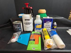 lot 269 image: Paint & Finishing Supplies Sprayer, Urethane, Acetone, Mineral Spirits, Sanding Sheets, Rollers
