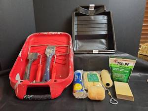 lot 270 image: Painting Tool Kit with Trays Brushes Rollers and Cleaner