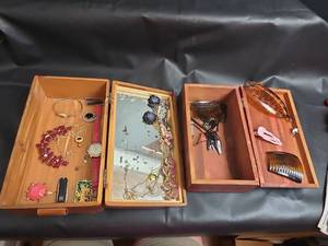 lot 273 image: Wood Jewelry Boxes (1 needs new hinge) with Bracelets, Watches, and Hair Combs
