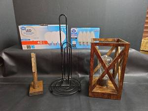 lot 275 image: Decorative Light, Light Bulbs, Paper Towel Holder, and Recipe Holder