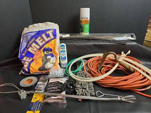 lot 276 image: Cable Ties, Gorilla Tape, ExtensionCord, Ice Melt, Cheesecloth,  Cable, Wiper Blades, and Hardware