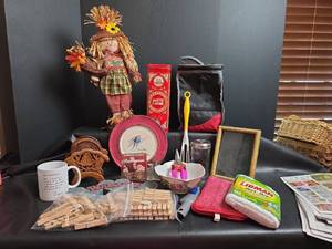 lot 277 image: Scarecrow Figurine, Mug, Coasters, Clothespins, Libman Mop Refill, & More