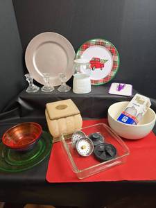 lot 282 image: Kitchen Housewares Plates, Bowls, Glass Candlesticks, Strainers, Tissue Box Cover, and More
