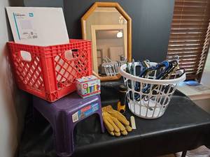 lot 316 image: Home Accessories- Step Stool, Laundry Basket,  Hangers,  Work Gloves, Sidewalk Chalk, and More