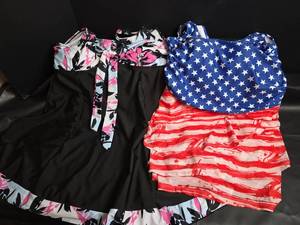 lot 322 image: CiciBird Stars Stripes Swimsuit XL and Black and Floral 2XL Swim Dress