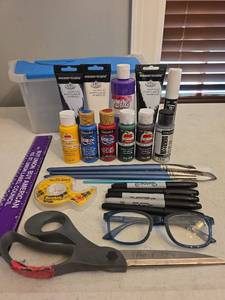 lot 324 image: Art Craft Supplies Paint Brushes, Markers, Tape, Ruler, Glasses, and Container
