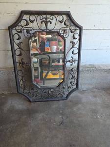 lot 513 image: 24in x 32in Ornamental Metal Scrollwork Framed Wall Mirror