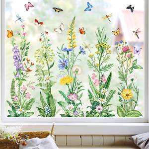 lot 72942 image: Wild Flower Window Clings Spring Floral Grass Wildflower Window Stickers with Butterfly Green Plant Static Window Decals for Home Glass Doors Decor - Retail $10