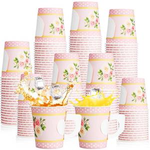 lot 72961 image: 80 Pack Tea Party Cups with Handles Floral Disposable Paper Cups, 7 oz Tea for Mothers Day Brunch, Birthday, Baby Shower, Garden Spring Party Decoration(Pink) - Retail $17