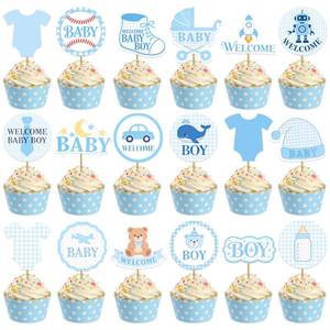 lot 72979 image: Welcome Baby Boy Cupcake Toppers - 36 Pcs Blue Baby Shower Cupcake Decorations for Boy, Gender Reveal Party Supplies, Little Bear Rocket Robot Baseball Baby Boy First Birthday Party Favors - Retail $7