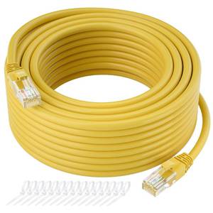 lot 72989 image: Cat5e Ethernet Cable 25 FT, Long Cat 5e Internet Cable, Yellow Snagless Patch Cord, Flexible, Network, LAN, PoE, Standard RJ45 Connector for PC, Server, Router, Modem, TV, PS5 - with 15 Cable Ties - Retail $7