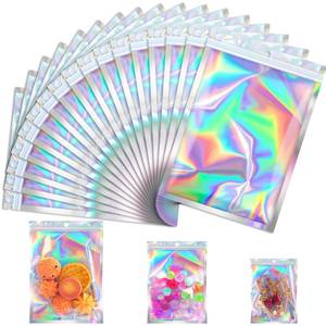 lot 72996 image: 100 Pcs Mylar Bags, Holographic Bags, Resealable Bag for Small Business, Packaging, Sample Bag for Pen, Gift, Jewelry, Snack, Bracelets, Mothers Day Gifts (5.5x7.9in) - Retail $16