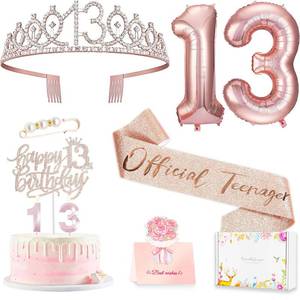 lot 73007 image: 13th Birthday Decorations for Girls, Including 13th Happy Birthday Cake Toppers, Queen Sash with Pearl Pin, Sweet Rhinestone Tiara Crown, Number Candles and Balloons Set, Rose Gold - Retail $12