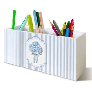 lot 73010 image: Hydrangea Pen Pencil Holder Organizer for Desk, Hydrangea Gifts, Hydrangeas Kitchen Cooking Makeup Brush Utensil Holder, Blue and White Bow Floral Wooden Box Sign for Home Office Tabletop Decor - Retail $14
