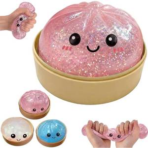lot 73038 image: Dumpling Squishy, New Mystery Squishy Dumpling Box, Soft Squeeze Dough Ball for Stress Relief,Stretchy Bun with Mini Food Steamer Desk Fidget Toy for Adults Office Home (Glitter Pink), packaging is broken. - Retail $8
