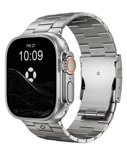lot 73042 image: Premium Grade 5 Titanium Band Compatible with Apple Watch Ultra 321 49mm, Scratch-Resistant DLC Coating Metal Link Bracelet with Secure Foldover Clasp Buckle, Adjustable Strap for Men - Natural Titanium - Retail $58