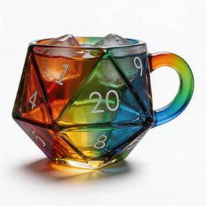 lot 73043 image: D20 Dice Glass Mug �� Hand-Painted 3D Fantasy RPG Tankard, Collectible Clear Drinkware, Unique Gift for DND Players & Tabletop Gamers - Retail $10