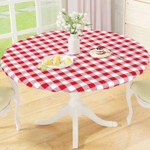 lot 73050 image: Round Fitted 4th of July Tablecloth with Elastic Edge, Buffalo Plaid Waterproof Vinyl Flannel Backed Table Cloth Cover Fits 18-24 Round Tables for Dinner, Outdoor, Picnic, Red White Check - Retail $15