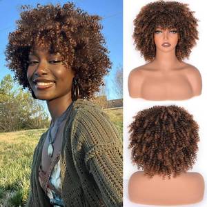 lot 73089 image: Afro Curly Wig With Bangs 10 Inches kinky Curly Synthetic Hair Wig about 230gPiece Full Machine Made Scalp Top Cosplay Curly Wigs for Women (Black to Brown) - Retail $22