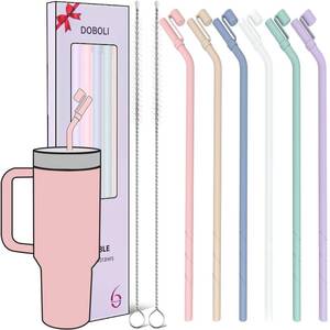 lot 73092 image: Replacement 13 inch Long Silicone Straw With Cover,Compatible with Stanley Owala 40 oz 30 oz Cup Tumbler, 6 Pack Reusable Bent Straw with Cleaning Brush - Retail $17