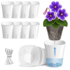 lot 73101 image: 5 Pack 3 Self Watering Pots for Indoor Plants, Clear Inner Cup, Small White Plastic Planters, Water Level Indicator, Drainage Holes, Extra 3ft Wick, Cuttings,Seedlings,Herb,African Violet - Retail $19