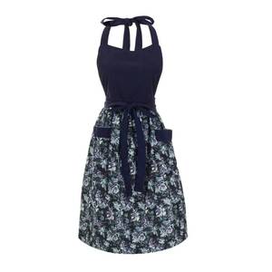 lot 73114 image: Cute Floral Aprons for Women with Pockets,Cotton Adjustable Neck Strap Apron for Kitchen Cooking Baking Gardening (Deep Blue, Medium) - Retail $17