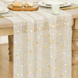 lot 73115 image: Artoid Mode Stars Beige Gauze Table Runner 10FT, Glitter Metallic Foil Sheer Dining Wedding Anniversary Holiday Birthday Table Decor for Home Party - Retail $8
