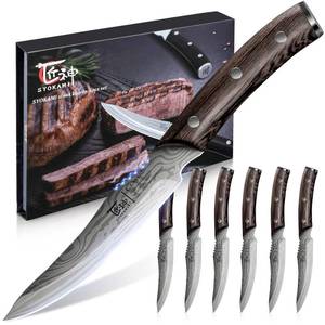 lot 73122 image: Steak Knives Set of 6, 4.8 Inch Carbon Steel Japanese Style Non-Serrated Meat Knife with Damascus Pattern, Ergonomic Full-Tang Non-Slip Wooden Handle, Housewarming Cooking Gifts - Retail $66