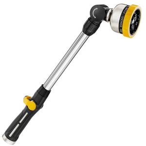 lot 73128 image: Metal Garden Hose Wand, 16-Inch Heavy Duty Watering Wand with 9 Spray Patterns, 180° Rotating Long Garden Hose Nozzle Thumb Flow Control, Ideal to Water Hanging Baskets and Shrubs -Yellow - Retail $27