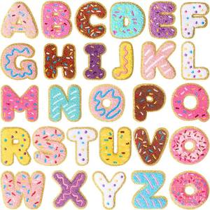 lot 73153 image: 28 Pcs Donut Theme Chenille Letter Patches, Self Adhesive Cute Letter Stickers for Crafts, Notebook Decorations, Party Setups, Stationery DIY, Baking-Themed Parties Girls Women Gifts - Retail $19