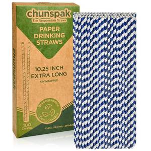 lot 73198 image: 10 Inch Long Disposable Drinking Straws Paper - Navy Blue Striped, 100 Counts - 100% Biodegradable - Retail $15