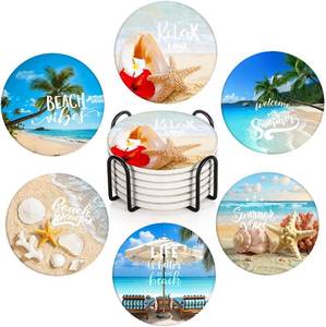 lot 73202 image: Coaster for Drinks Set of 6, Tropical Beach Landscape Caribbean Absorbent Round Ceramic Stone Mat, with Cork Base and Metal Holder, Gift for Housewarming Room Bar Decor - Retail $16