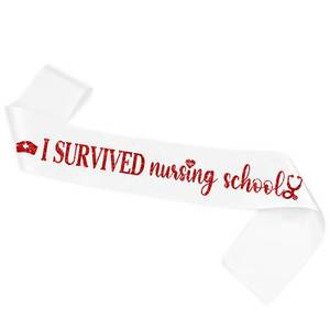 lot 73213 image: I Survived Nursing School White Satin Sash - Red Glitter Class of 2026 Nurse Graduation Party Gift - Congrats Nurse RN, Nursing School Graduation Party Accessories - Retail $8