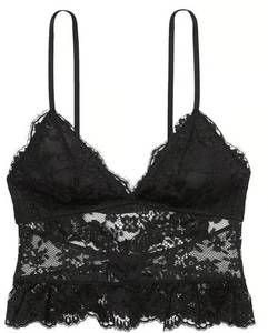 lot 73217 image: Victorias Secret-Dare to Dream Lace Flounce Bra Top Black Lace Bralette with Scalloped Trim and Spaghetti Straps - Retail $50