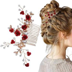lot 73221 image: Red Flower Hair Comb, Gold Rose Crystal Bridal Hair Side Comb Vintage Floral Rhinestone Rose Side Comb Crystal Emerald Headpiece Wedding Sparkly Hair Accessory for Women - Retail $7