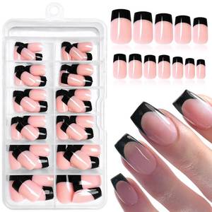 lot 73224 image: 120Pcs Black French Tip Press on Nails Short, Full Cover French Tips Press on Square Fake Nails Nude Acrylic False Nails Press ons for Women Girls - Retail $8