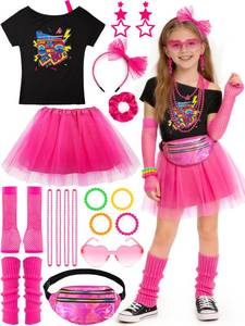 lot 73230 image: 20 Pieces 80s Outfit for Girls Kids Halloween Costume Acessories Set 1980s Theme Retro Party - Retail $30