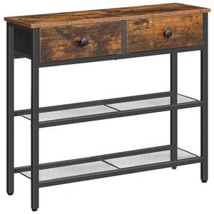 lot 63855 image: 29.5 Narrow Console Table with 2 Fabric Drawers, Sofa Table, Small Entryway Table with 3-Tier Storage Shelves, Behind Couch Table, for Living Room, Hallway, Rustic Brown and Black BF72XG01 - Retail $55