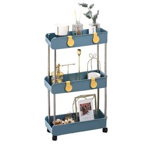 lot 63858 image: Melody House 3-Tier Slim Mobile Shelving Unit on Wheels, Slide Out Rolling Bathroom Storage Organizer, Utility Carts Shelf Rack for Kitchen Bathroom Laundry Room Narrow Places, Navy Blue - Retail $19