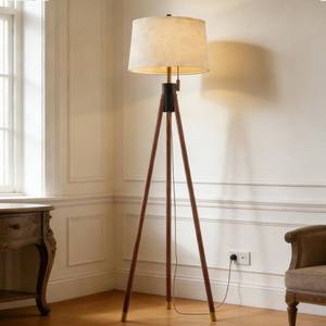 lot 63859 image: Mid Century Modern Tripod Floor Lamp, Gold Accented Two-Tone Solid Wood Floor Lamp with Black-Finished Solid Wood Center, Linen Shade & Pull Chain, Tall Lamp for Living Room Bedroom Reading Corner - Retail $80