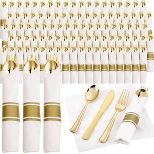 lot 63861 image: Supernal 120Pack Gold Plastic Silverware Wrapped Plastic Cutlery Set with Napkin,Pre Rolled Napkins with Cutlery Set,Rolled Silverware Disposable For Valentines Day Mothers Day and Easter - Retail $55