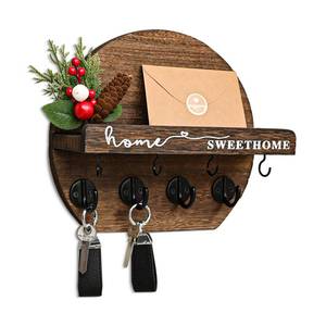 lot 63870 image: Key Holder for Wall, Key and Mail Holder Organizer - Key Holder Wall Mount with Bouquet Shelf and Key Hooks, Round Wooden Rustic Key Rack for Entryway and Home Decor (Brown) - Retail $16