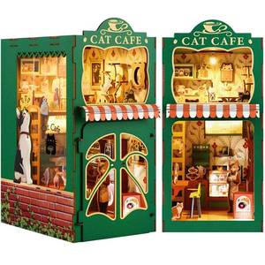 lot 63874 image: Book Nook Kit,DIY Miniature House Kit for Adults, Teens and Beginners, Dollhouse Booknook Cat Cafe Tiny House Bookshelf Decor 3D Wooden Puzzle, Gifts for Family, Friends - Retail $31