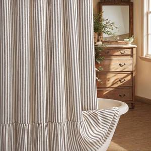 lot 63881 image: Farmhouse Shower Curtain with Ruffle Hem Linen Shower Curtains for Bathroom Country Vintage Rustic Natural Fabric, Cream-Brown Stripe 72 W x 72 L - Retail $29