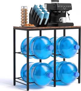 lot 63889 image: 2-Tier Water Jug Holder Stand with Wooden Top, Heavy Duty 5 Gallon Bottle Storage Rack for Kitchen, Break Room, Office - Retail $46