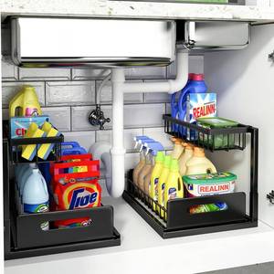 lot 63894 image: Under Sink Organizer, L-Shaped 2 Tier Pull Out Cabinet Organizer for Kitchen and Bathroom, Slide Out Under Cabinet Storage, Metal Under Sink Storage with Sliding Drawer, 50 lbs, Black 2 Pack - Retail $44
