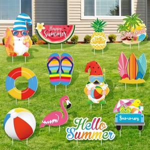 lot 63905 image: 12 Pcs Summer Outdoor Yard Decorations Fun Garden Lawn Stake Signs with Gnome Watermelon Flamingo Pineapple Designs Waterproof Corrugated Plastic Decor for Patio Walkway Pool Party BBQ Events - Retail $25
