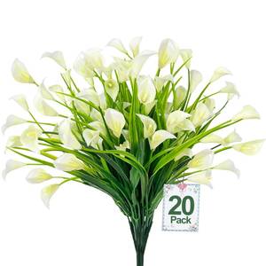 lot 63907 image: 20 Bundles Calla Lily (400 Heads) Artificial Flowers for Outdoors, Fake Plants UV Resistant Faux Plastic Fake Flowers for Indoor Planter Home Porch Yard Spring Summer Cemetery Decor(White) - Retail $18